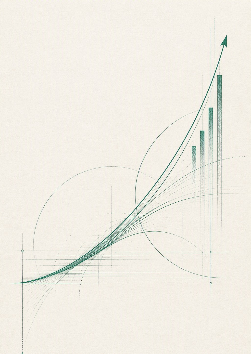 Editorial ink illustration of an ascending growth curve in deep emerald on warm cream paper